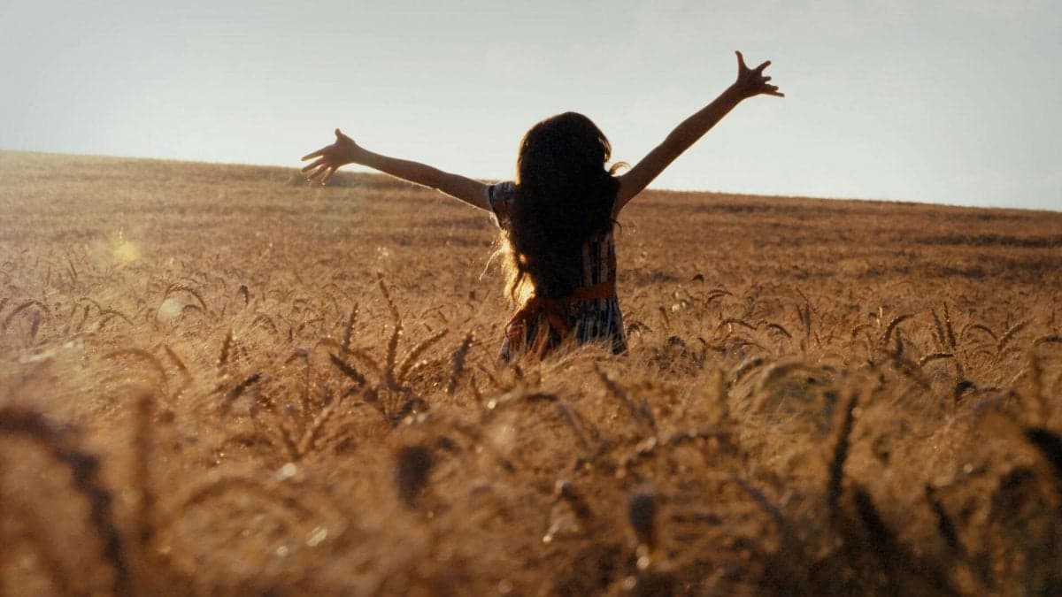 Girl in wheat field arms up
